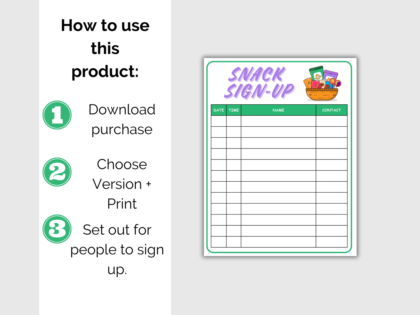 Snack Sign Up Sheet