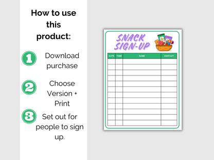 Snack Sign Up Sheet