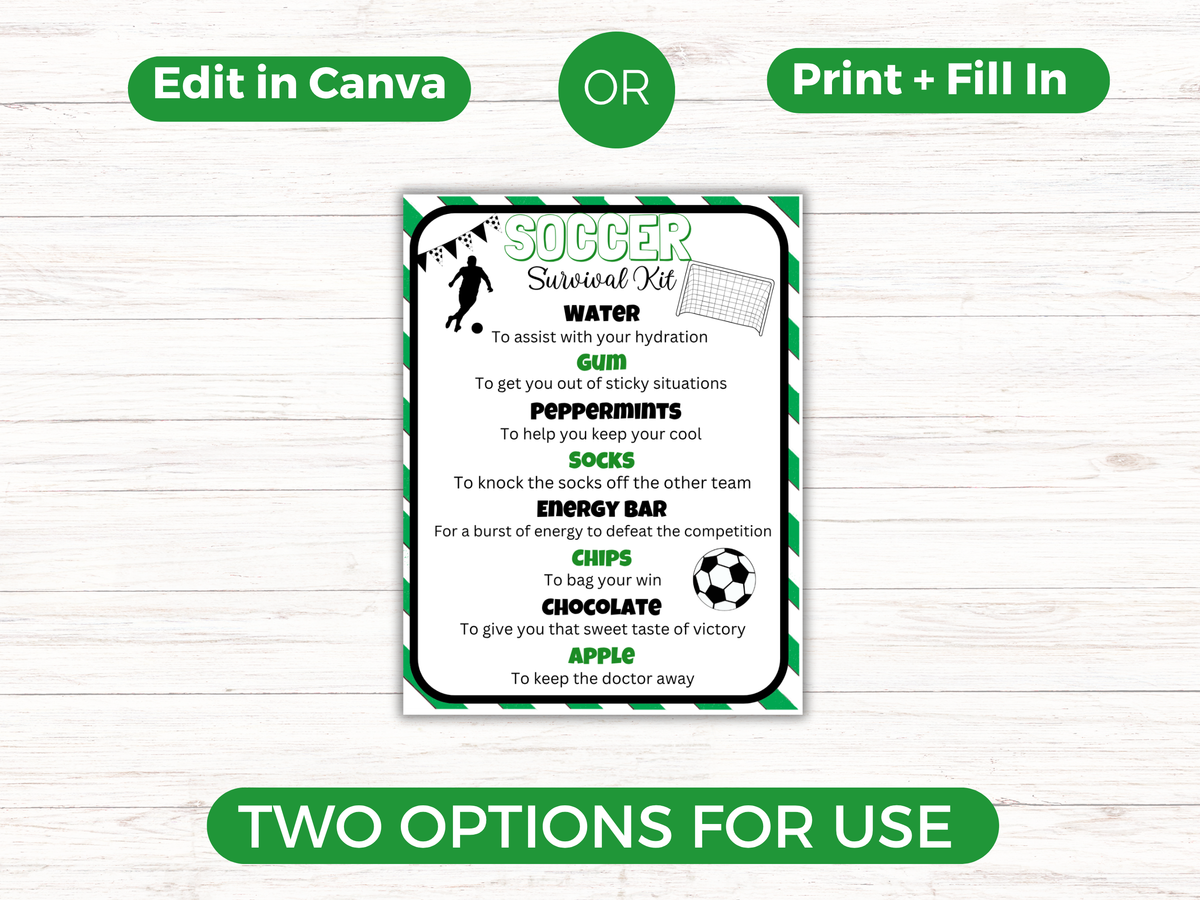 Editable Soccer Survival Kit Tag