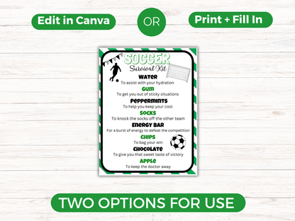Editable Soccer Survival Kit Tag