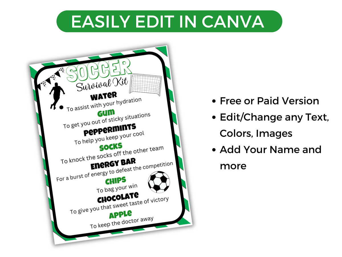 Editable Soccer Survival Kit Tag