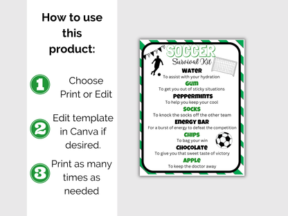 Editable Soccer Survival Kit Tag