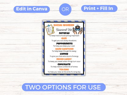 Editable Social Worker Survival Kit Gift