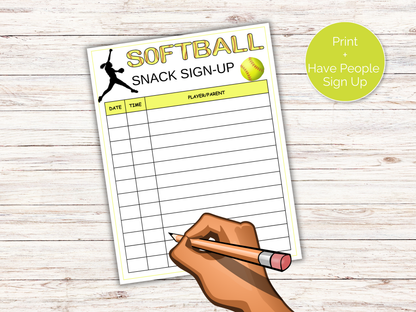 Softball Snack Sign Up Sheet