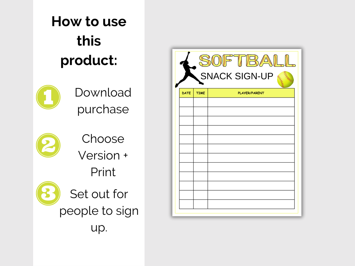 Softball Snack Sign Up Sheet