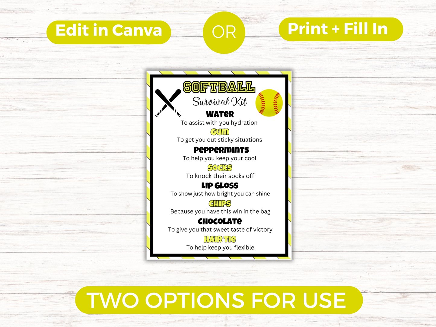 Editable Softball Survival Kit Gift Tag Template