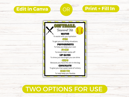 Editable Softball Survival Kit Gift Tag Template