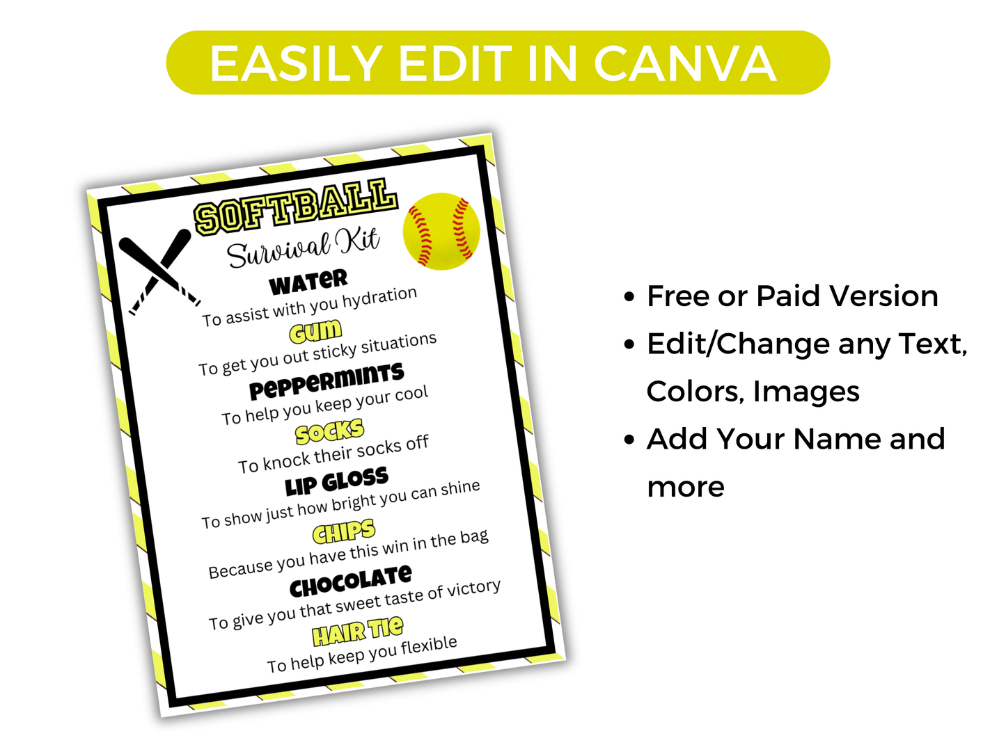 Editable Softball Survival Kit Gift Tag Template