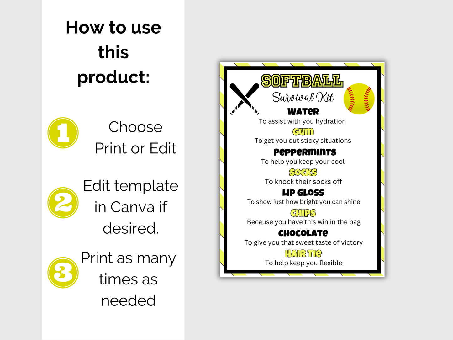 Editable Softball Survival Kit Gift Tag Template