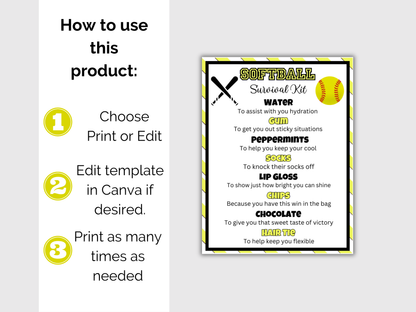 Editable Softball Survival Kit Gift Tag Template