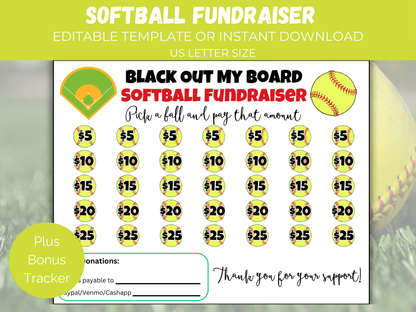 Editable Softball Black Out My Board Fundraiser