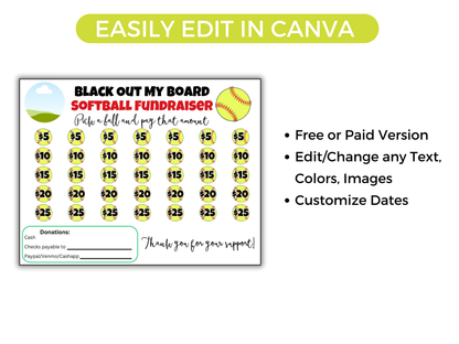 Editable Softball Black Out My Board Fundraiser