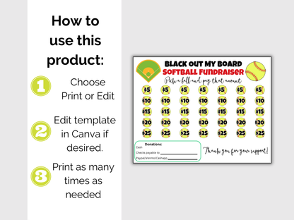Editable Softball Black Out My Board Fundraiser