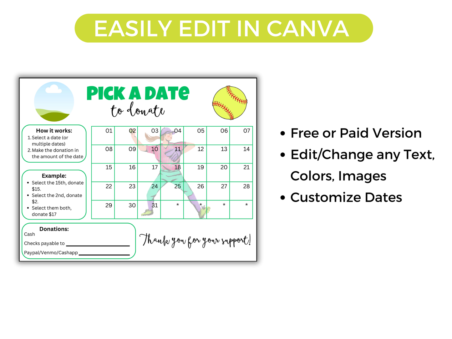 Editable Softball Pick A Date