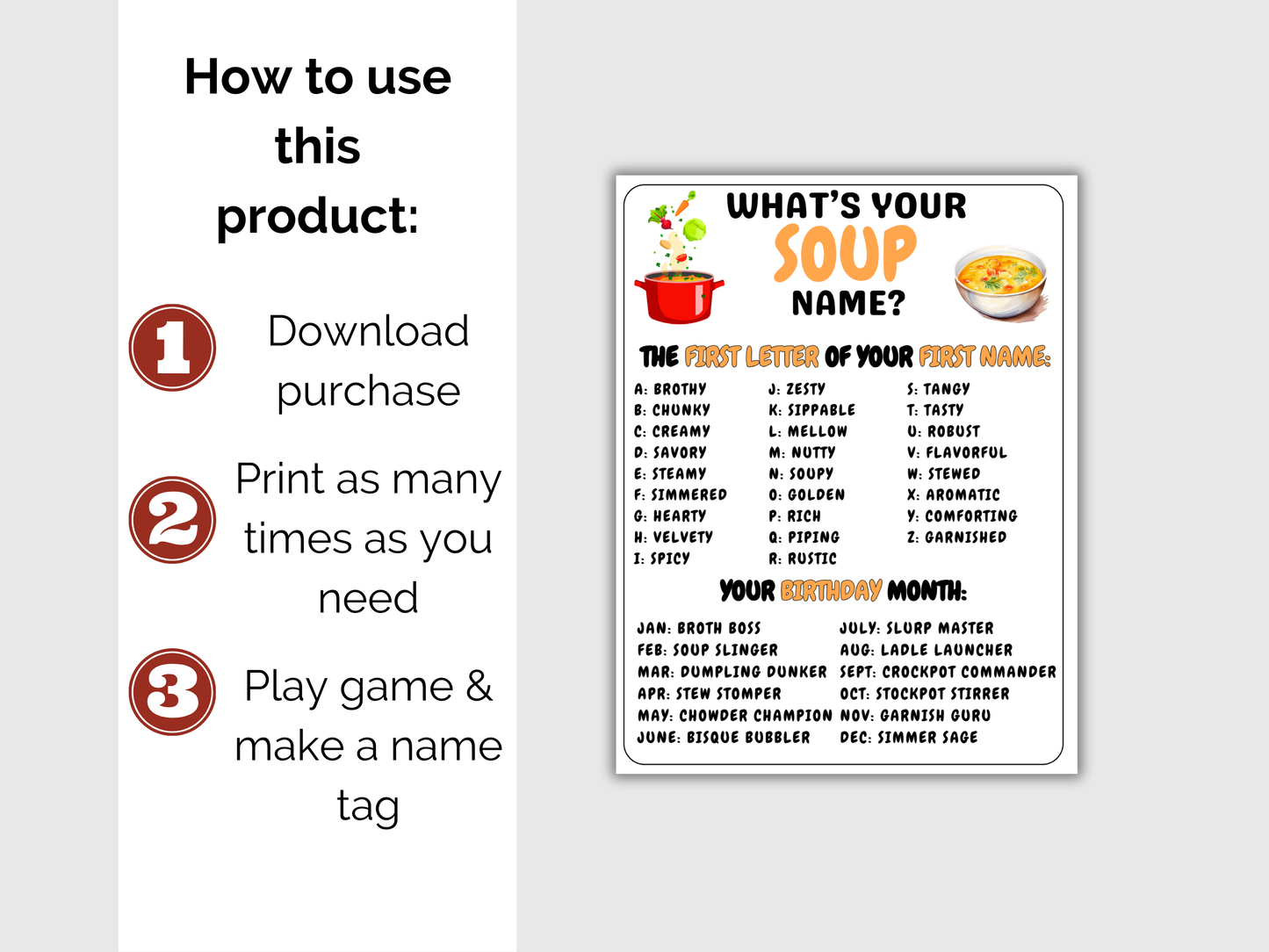 What's Your Soup Name Game + Name Tags