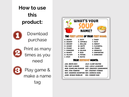 What's Your Soup Name Game + Name Tags
