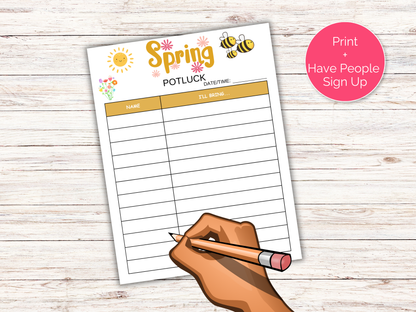 Spring Potluck Sign Up Sheet