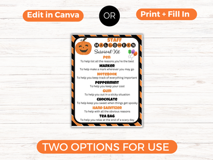 Editable Halloween Staff Survival Kit Gift Tags