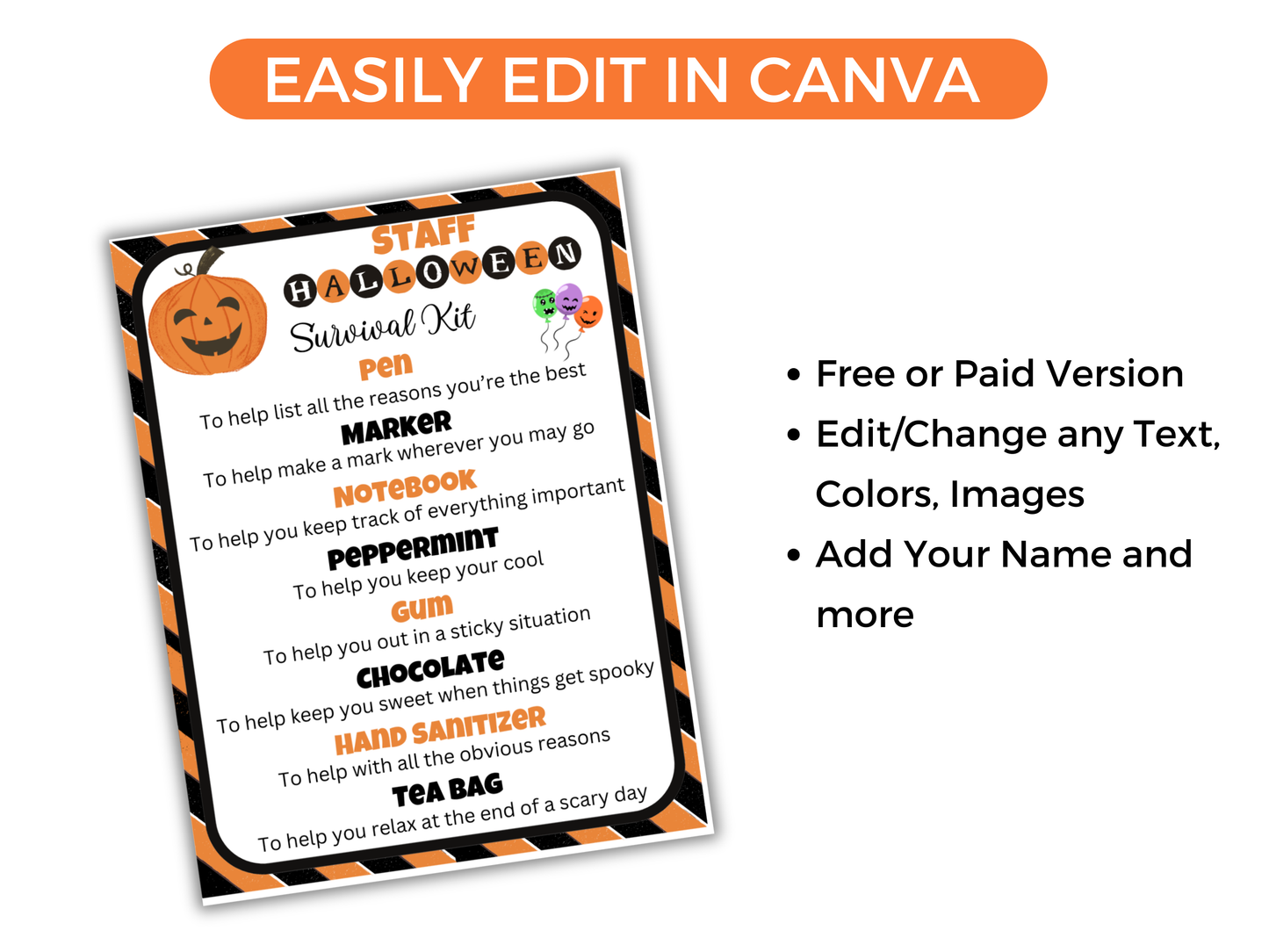 Editable Halloween Staff Survival Kit Gift Tags