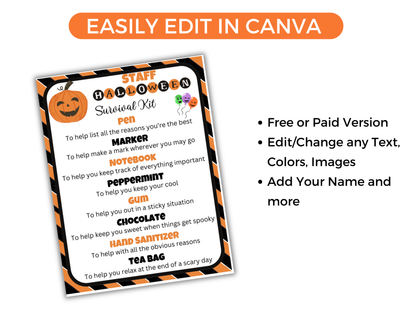 Editable Halloween Staff Survival Kit Gift Tags