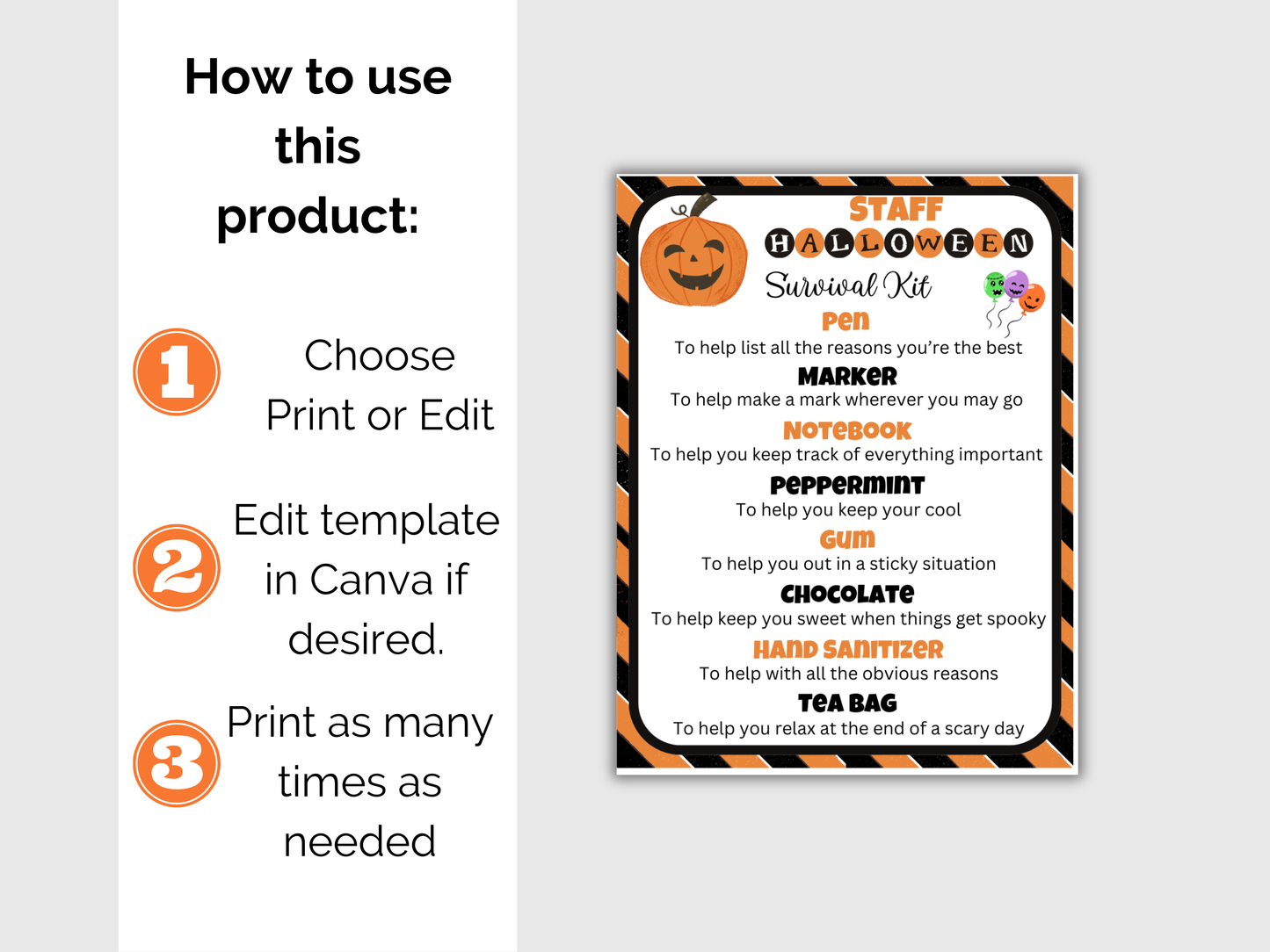 Editable Halloween Staff Survival Kit Gift Tags