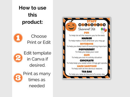 Editable Halloween Staff Survival Kit Gift Tags