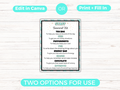 Editable Staff Survival Kit Gift Tags
