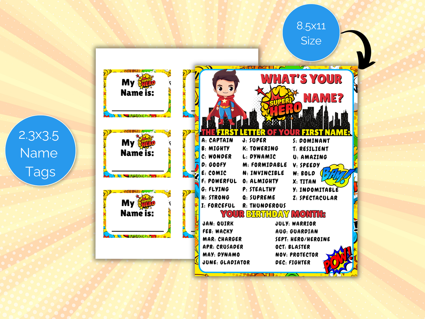 What's Your Superhero Name Game + Name Tags