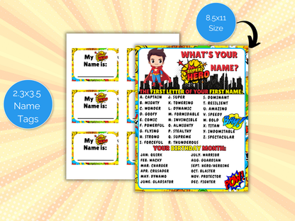 What's Your Superhero Name Game + Name Tags