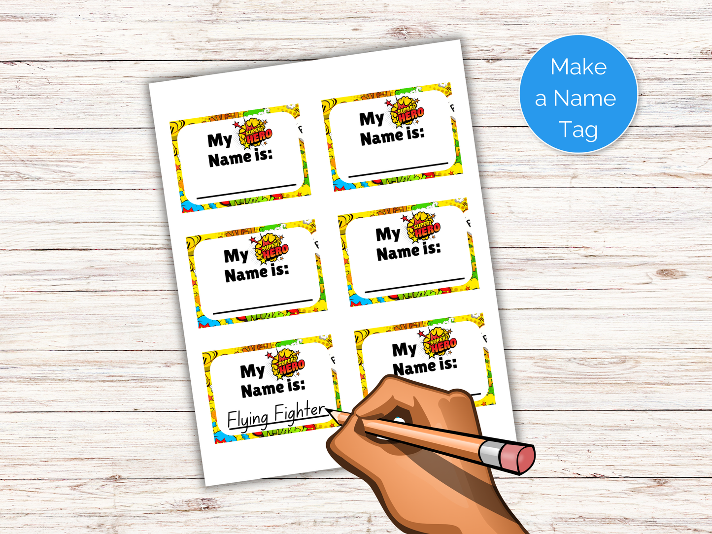 What's Your Superhero Name Game + Name Tags