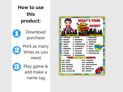 What's Your Superhero Name Game + Name Tags