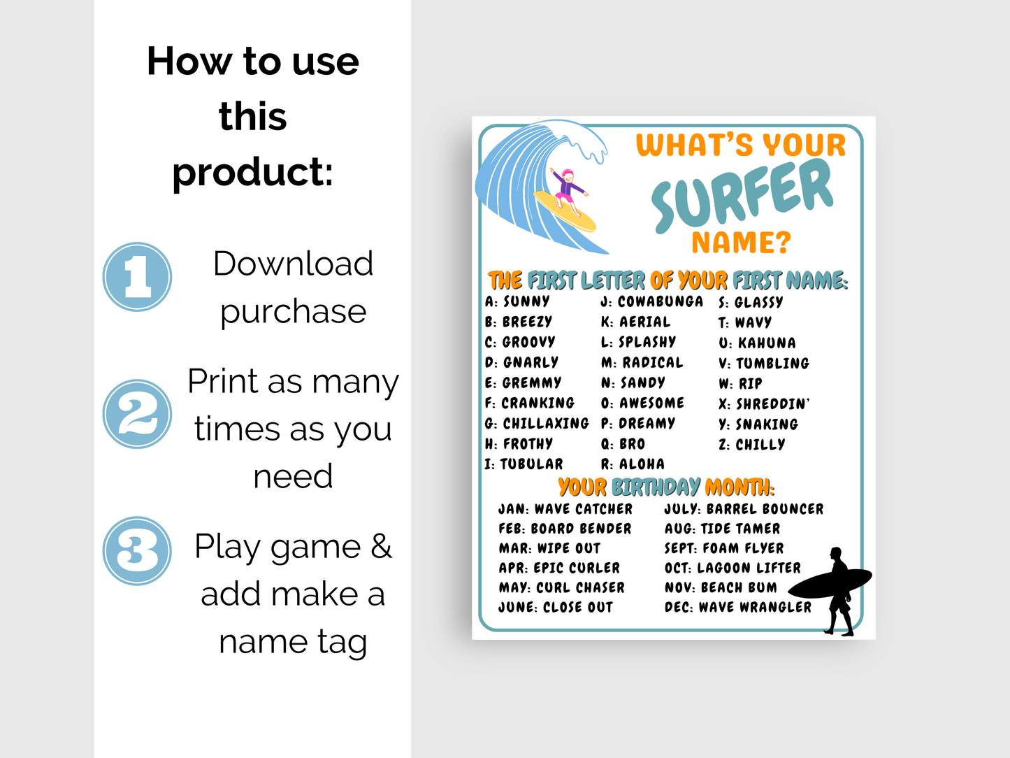 What's Your Surfer Name Game + Name Tags