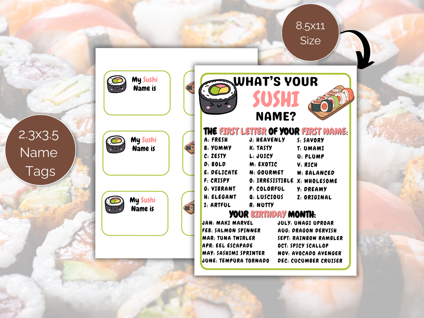 What's Your Sushi Name Game + Name Tags