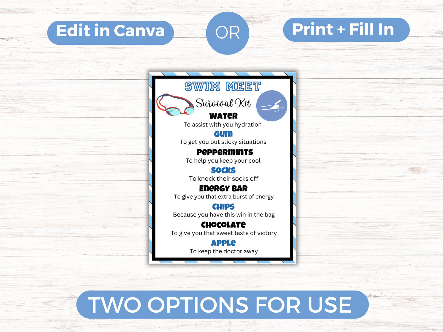 Editable Swim Team Survival Kit Gift Tag Template