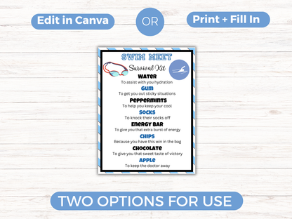 Editable Swim Team Survival Kit Gift Tag Template