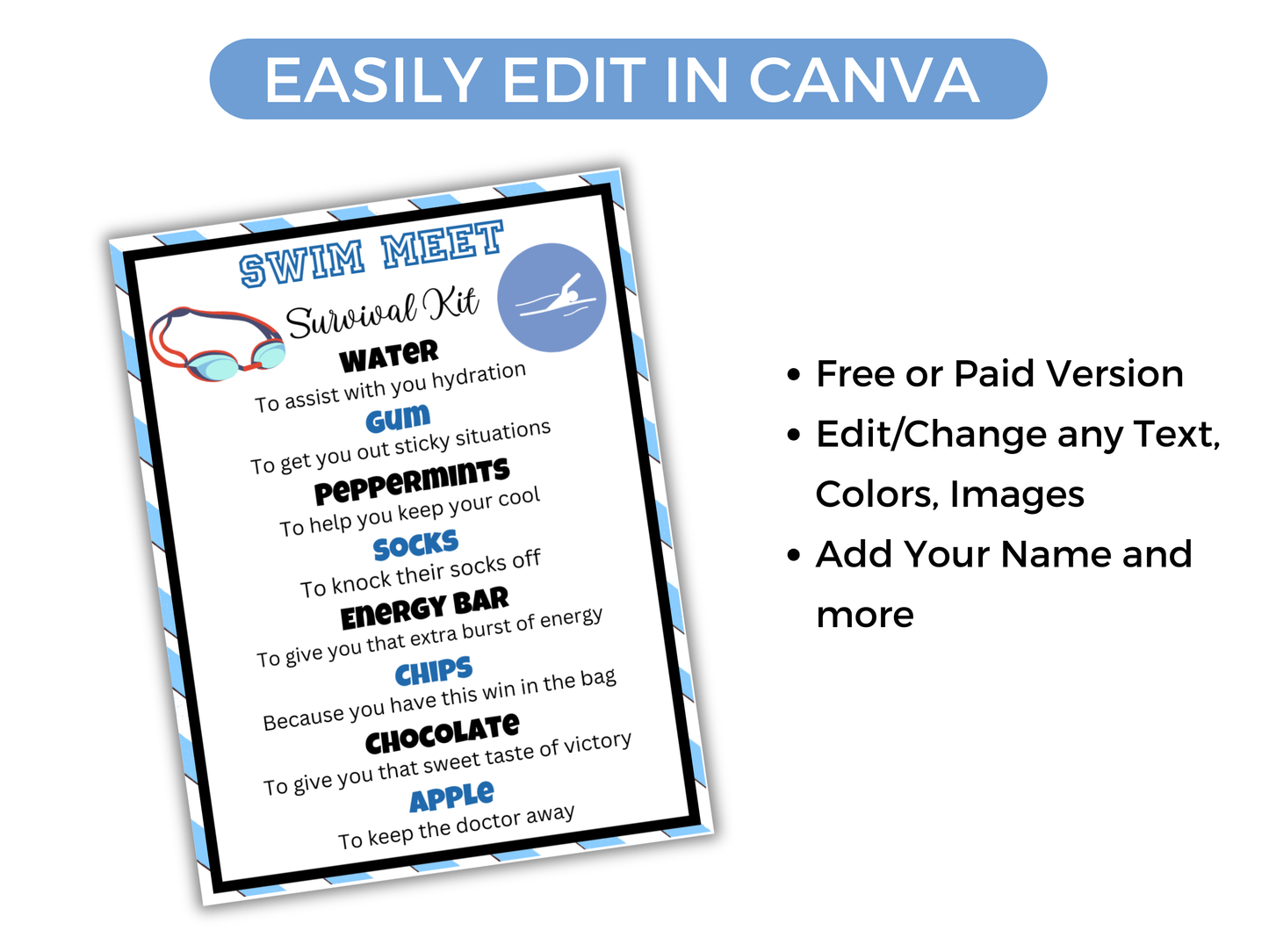 Editable Swim Team Survival Kit Gift Tag Template