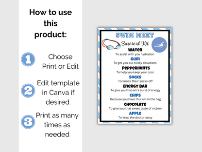 Editable Swim Team Survival Kit Gift Tag Template