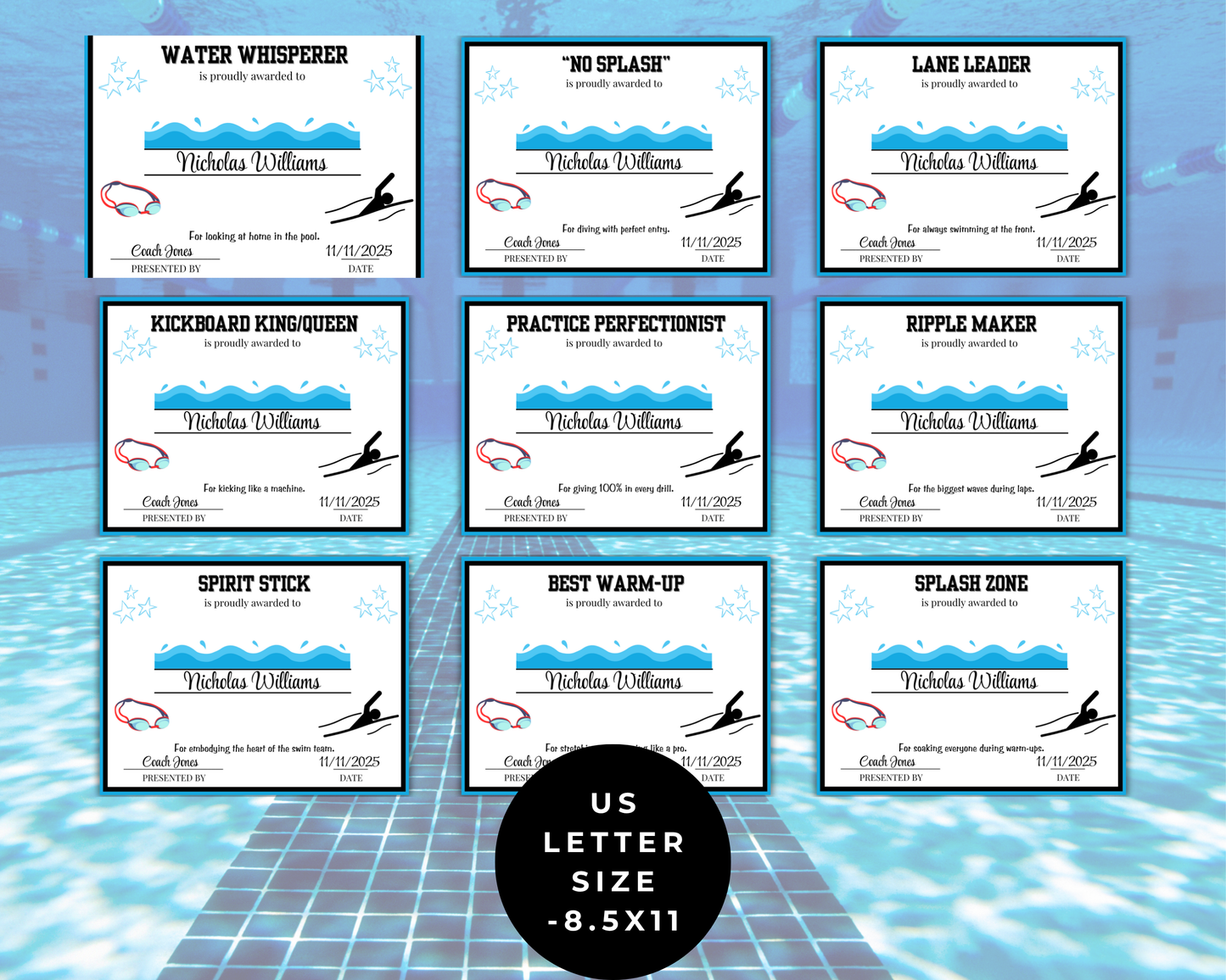Editable Swimming Award Certificates