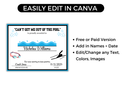 Editable Swimming Award Certificates