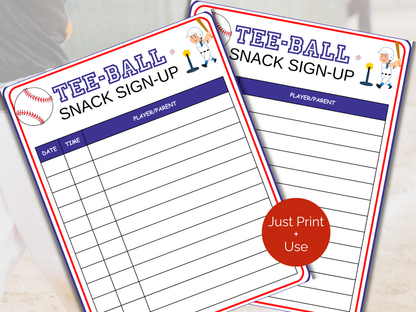 T-ball Snack Sign Up Sheet