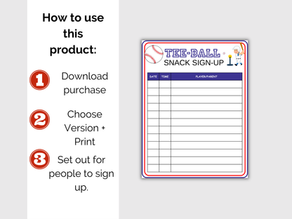 T-ball Snack Sign Up Sheet