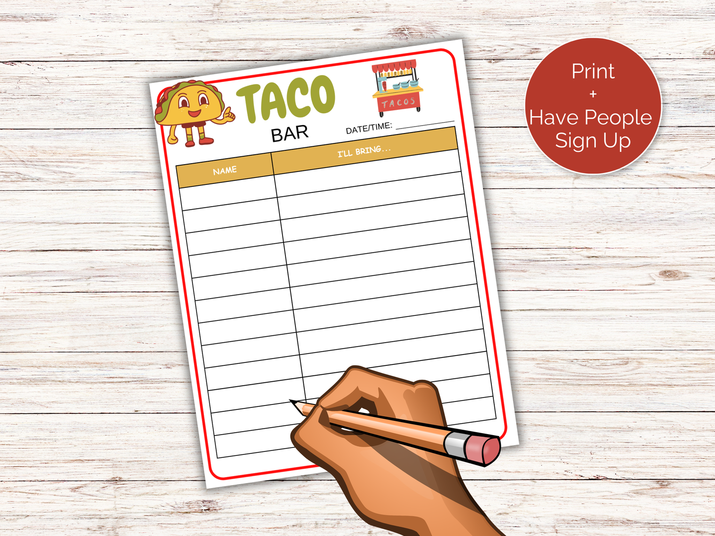 Taco Bar Sign Up Sheet