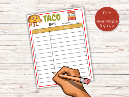 Taco Bar Sign Up Sheet