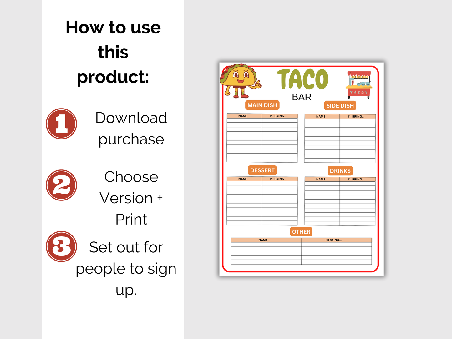 Taco Bar Sign Up Sheet