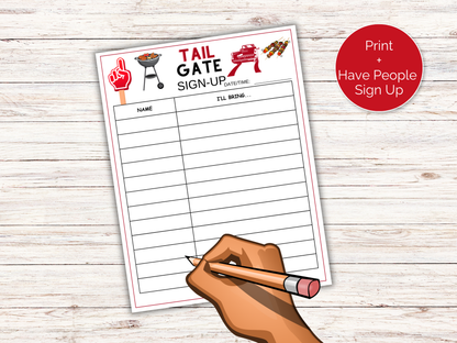 Tailgate Sign Up Sheet