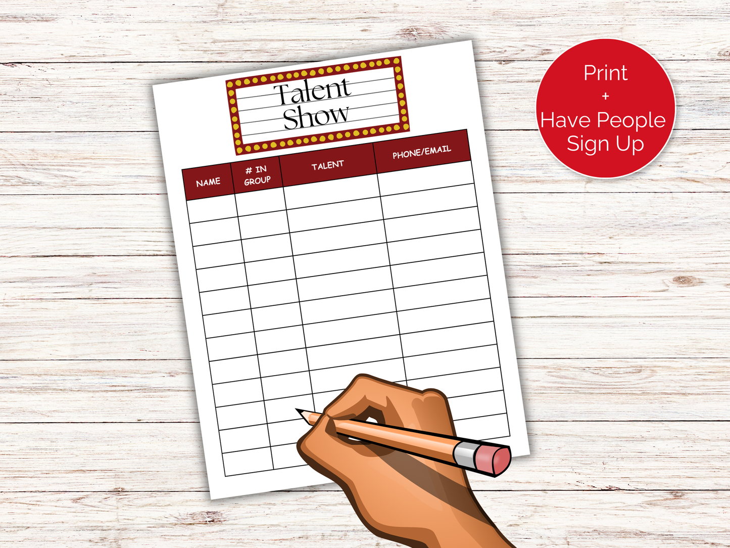 Talent Show Sign Up Sheet