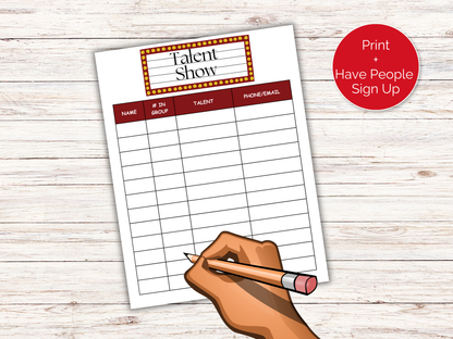 Talent Show Sign Up Sheet