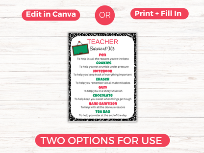 Editable Teacher Survival Kit Gift Tags