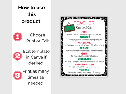 Editable Teacher Survival Kit Gift Tags