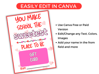 Teacher Valentine Day Gift Card Holder (Editable)